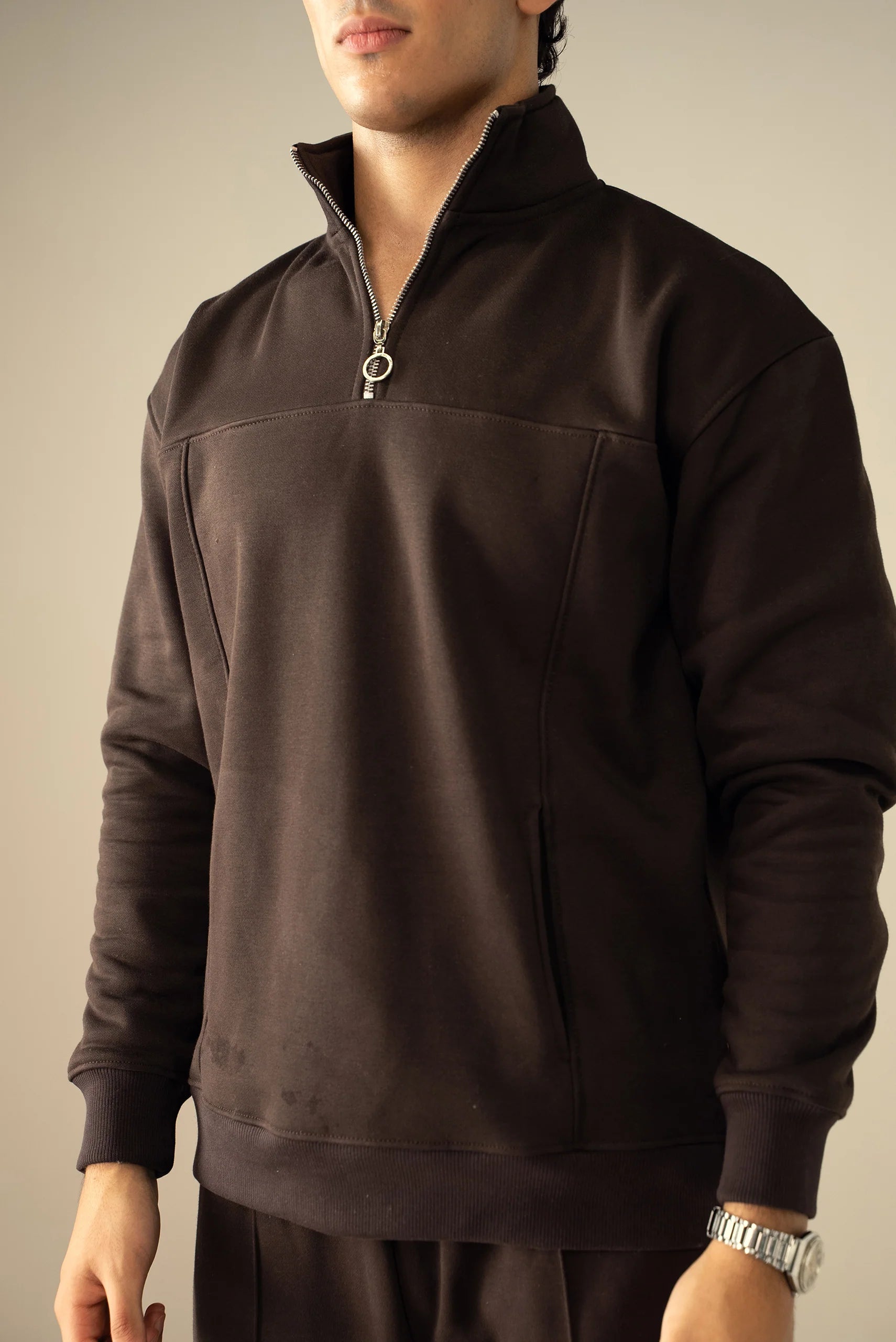 Quarter Zipper Sweatshirt-Brown image 0